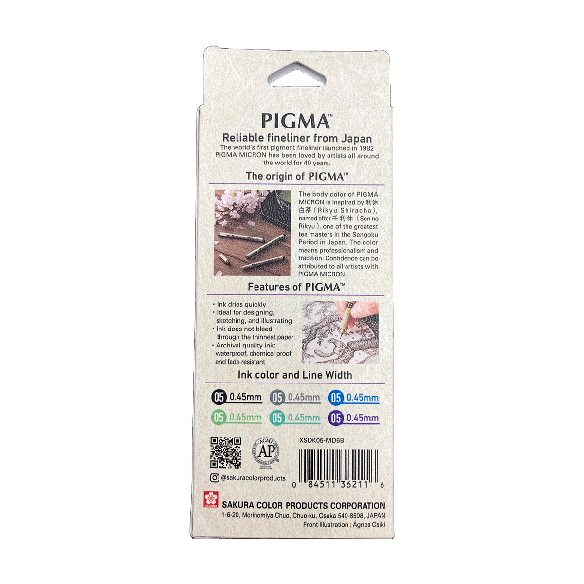 Sakura Pigma Mandala Cool Tone Set 05: box back panel listing features, ink colour and line width chart, darker edge