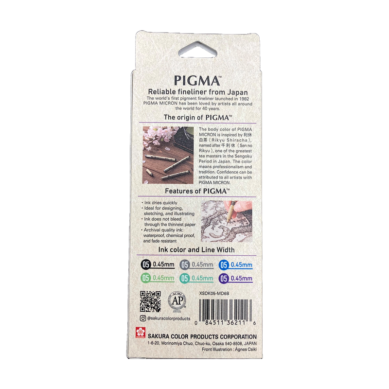 Sakura Pigma Mandala Cool Tone Set 05: box back panel listing features, ink colour and line width chart, darker edge