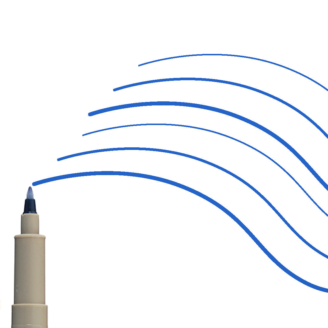 Sakura Pigma Micron PN Blue: close view of the tip beside curved sample lines in blue ink