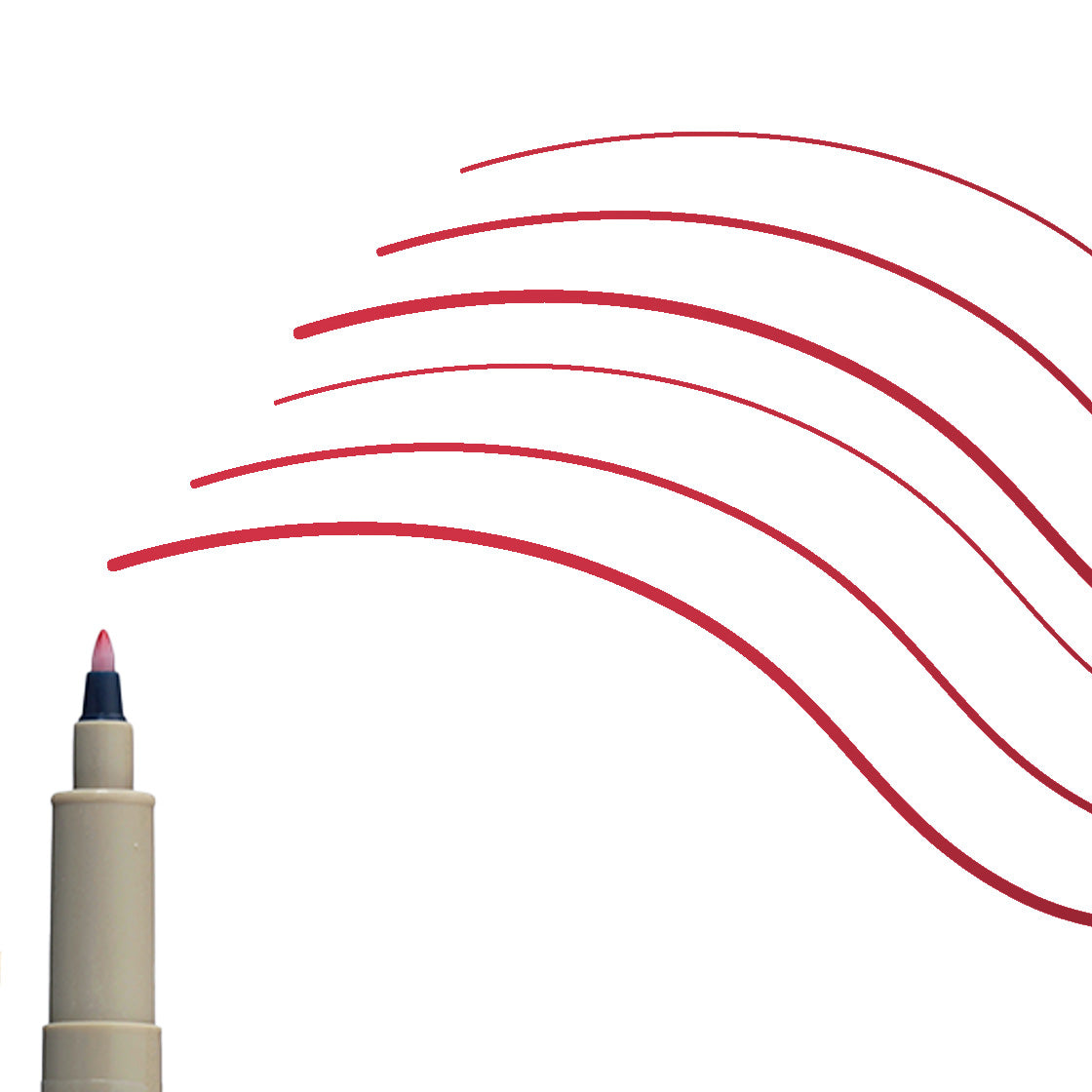 Sakura Pigma Micron PN Red: close view of the tip beside curved sample lines in red ink