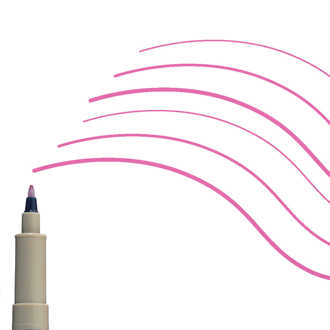 Sakura Pigma Micron PN Rose: close view of the tip beside curved sample lines in rose ink
