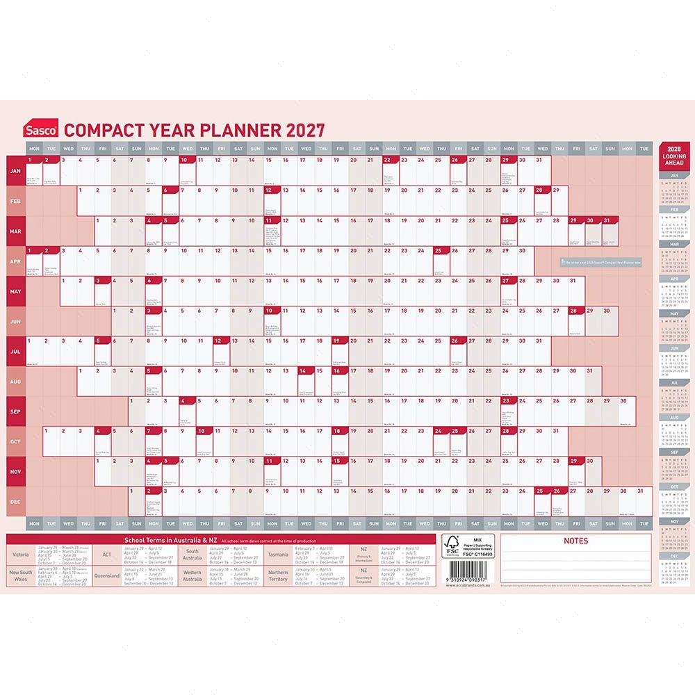 Sasco 2027 Compact Year Planner 594 x 420mm opened to show the printed monthly grid and the dated planning layout inside.