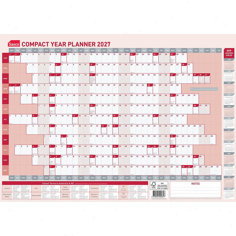 Sasco 2027 Compact Year Planner 594 x 420mm opened to show the printed monthly grid and the dated planning layout inside.