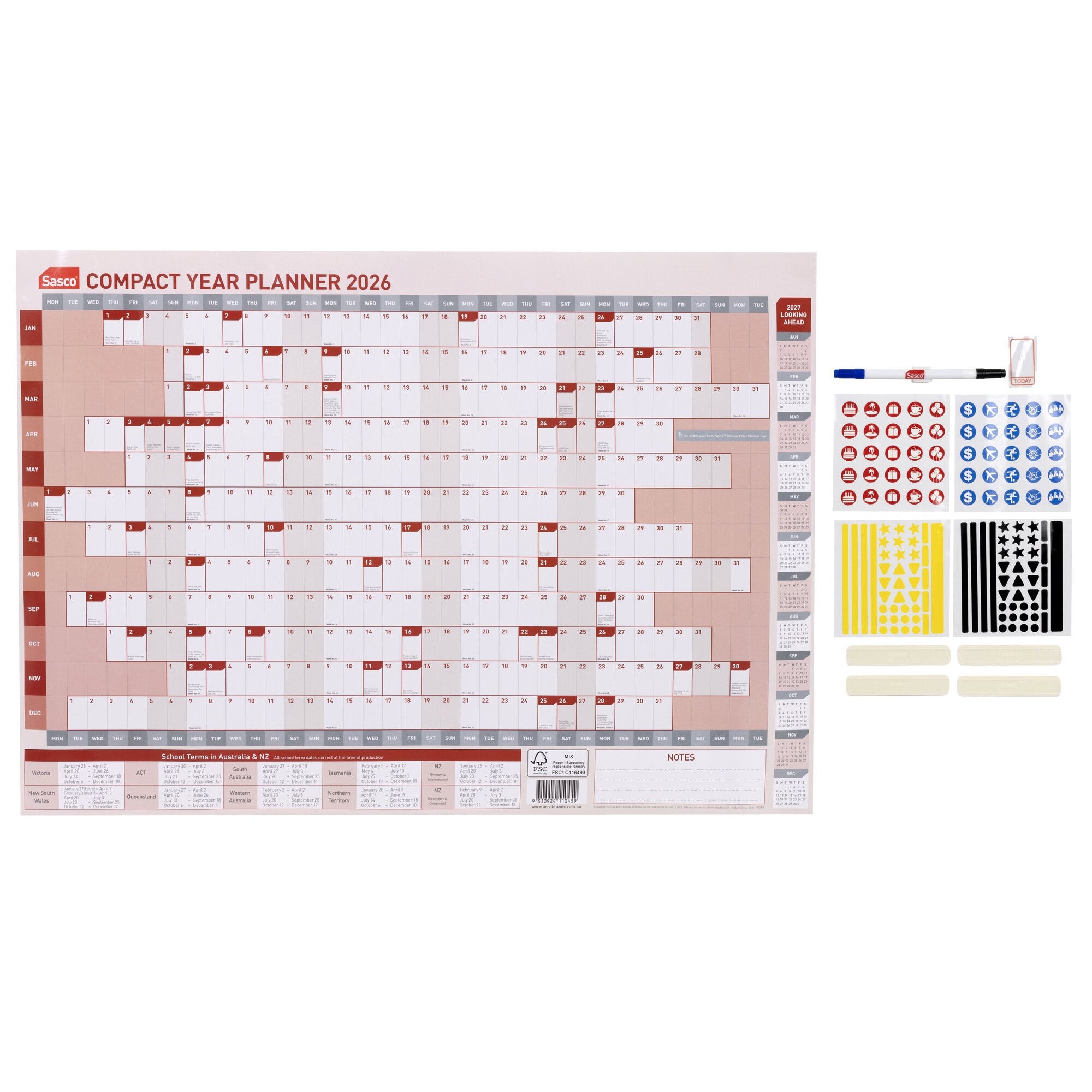 Sasco 2027 Compact Year Planner 594 x 420mm shown with its retail packaging and the product information panel visible.