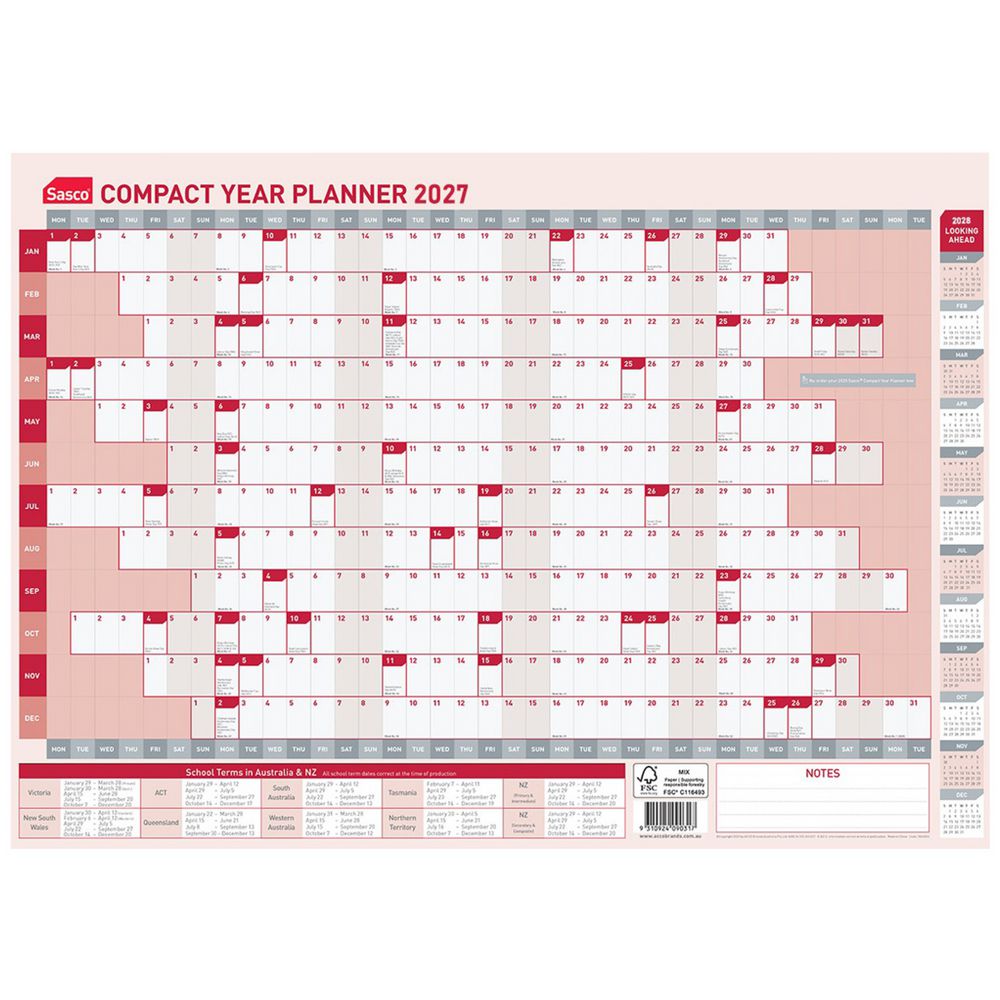 Sasco 2027 Compact Year Planner 594 x 420mm shown front on, the full year to view grid, photographed flat against a plain background.