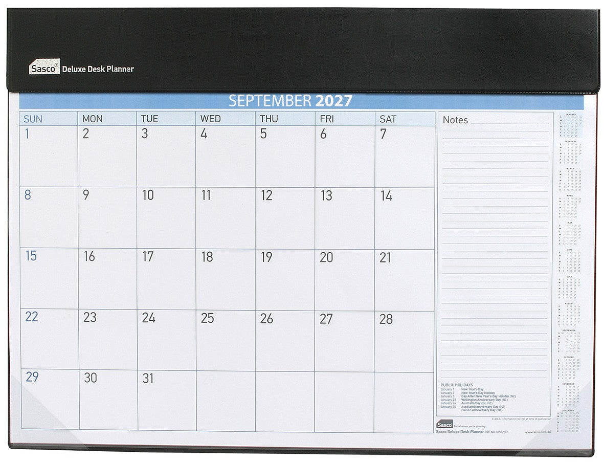 Sasco 2027 Deluxe Desk Planner 518 x 387mm shown front on, the printed 2027 planning grid, photographed flat against a plain background.