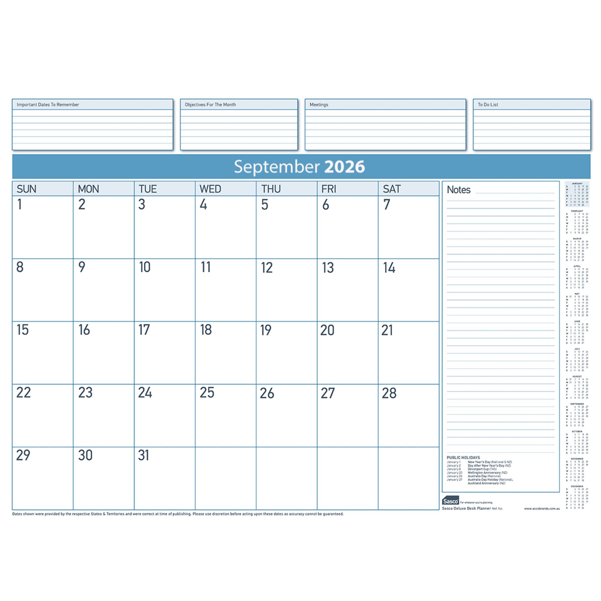 Sasco 2027 Deluxe Desk Planner Refill 519 x 387mm Pack of 12 opened to show the printed monthly grid and the dated planning layout inside.