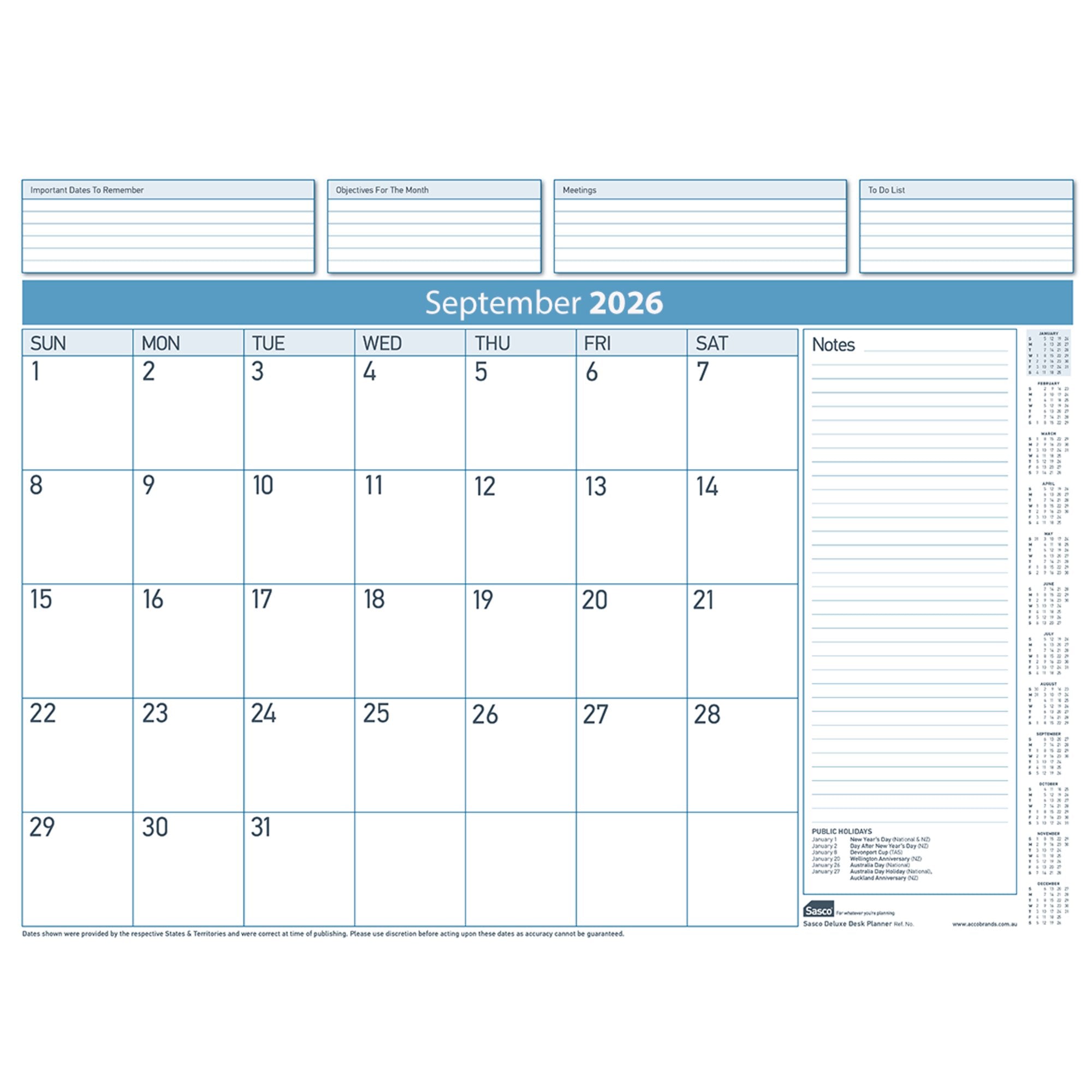Sasco 2027 Deluxe Desk Planner Refill 519 x 387mm Pack of 12 opened to show the printed monthly grid and the dated planning layout inside.