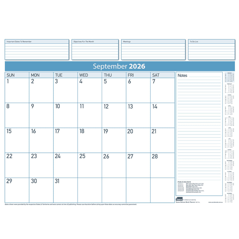 Sasco 2027 Deluxe Desk Planner Refill 519 x 387mm Pack of 12 opened to show the printed monthly grid and the dated planning layout inside.