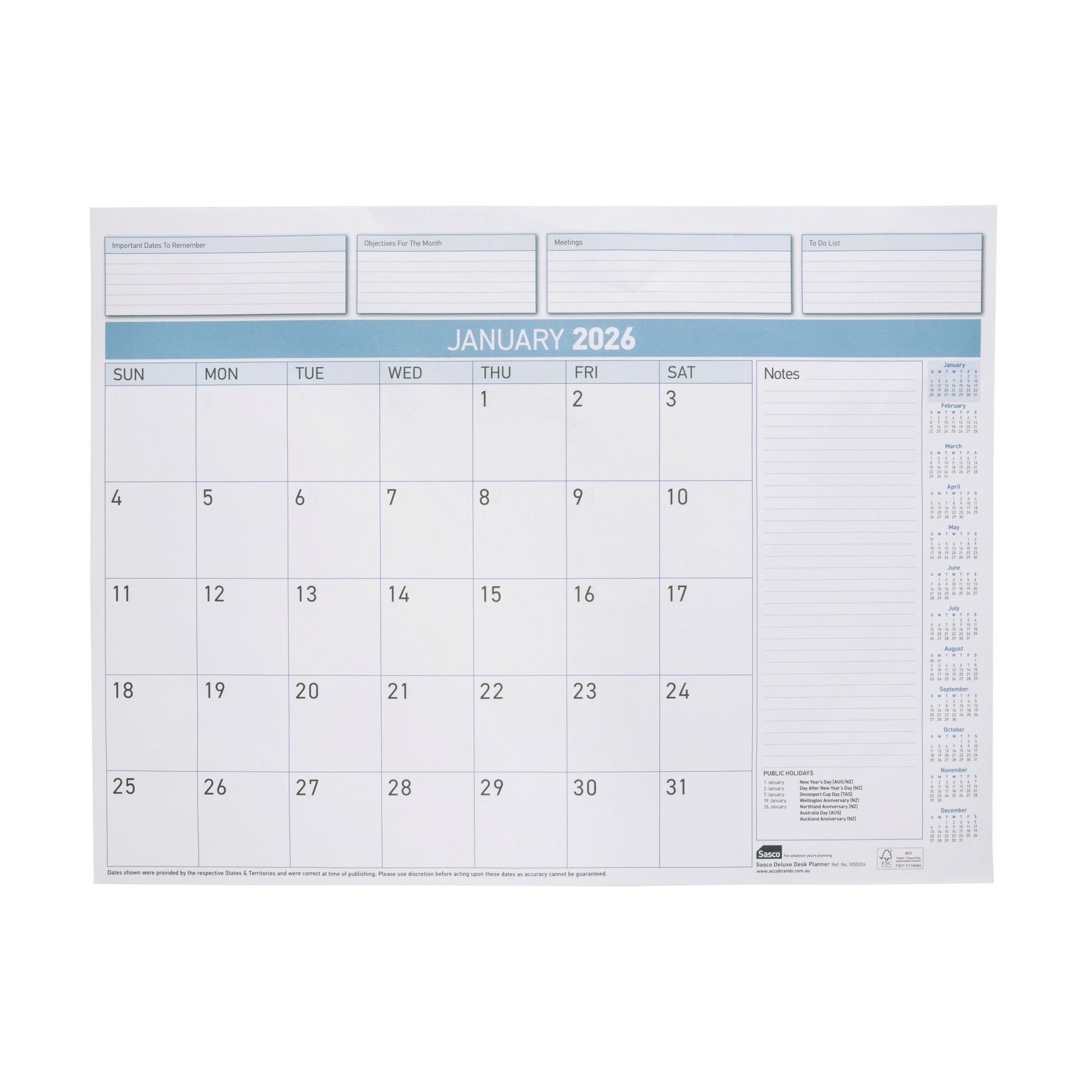 Sasco 2027 Deluxe Desk Planner Refill 519 x 387mm Pack of 12 shown with its retail packaging and the product information panel visible.