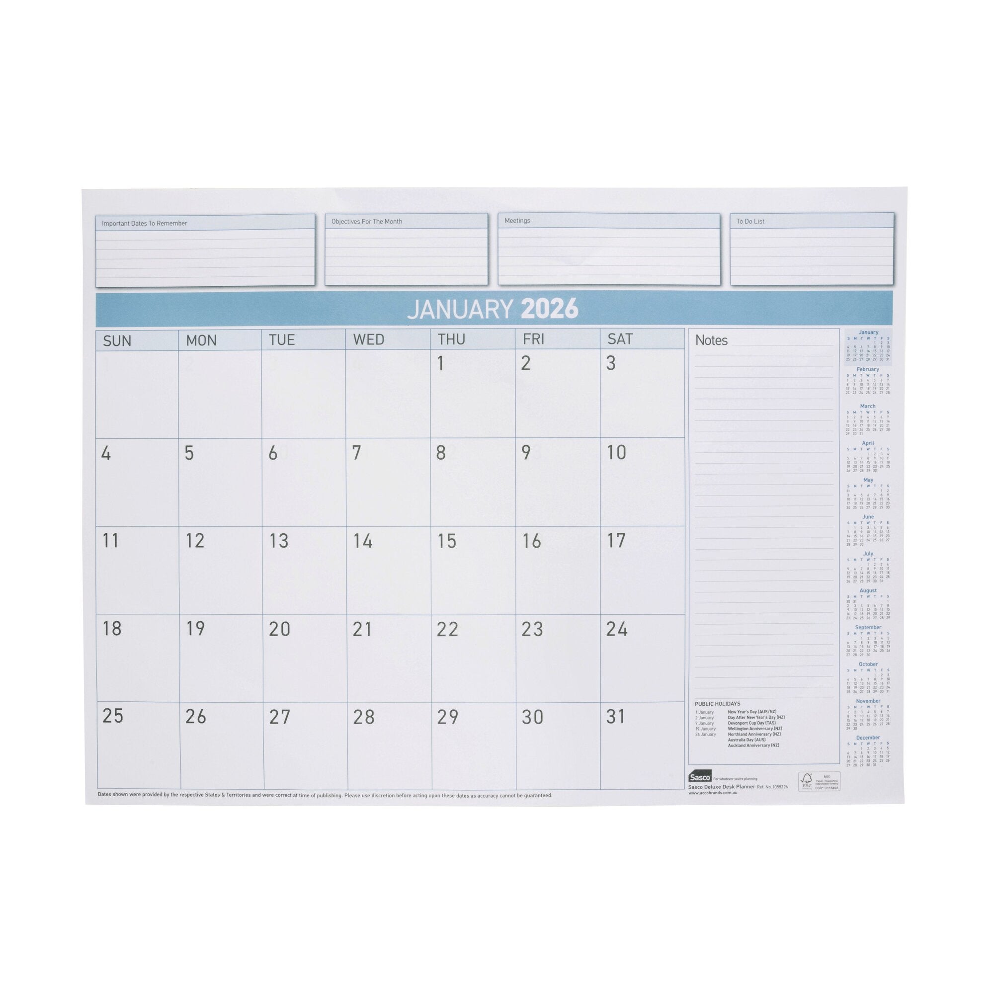Sasco 2027 Deluxe Desk Planner Refill 519 x 387mm Pack of 12 shown with its retail packaging and the product information panel visible.