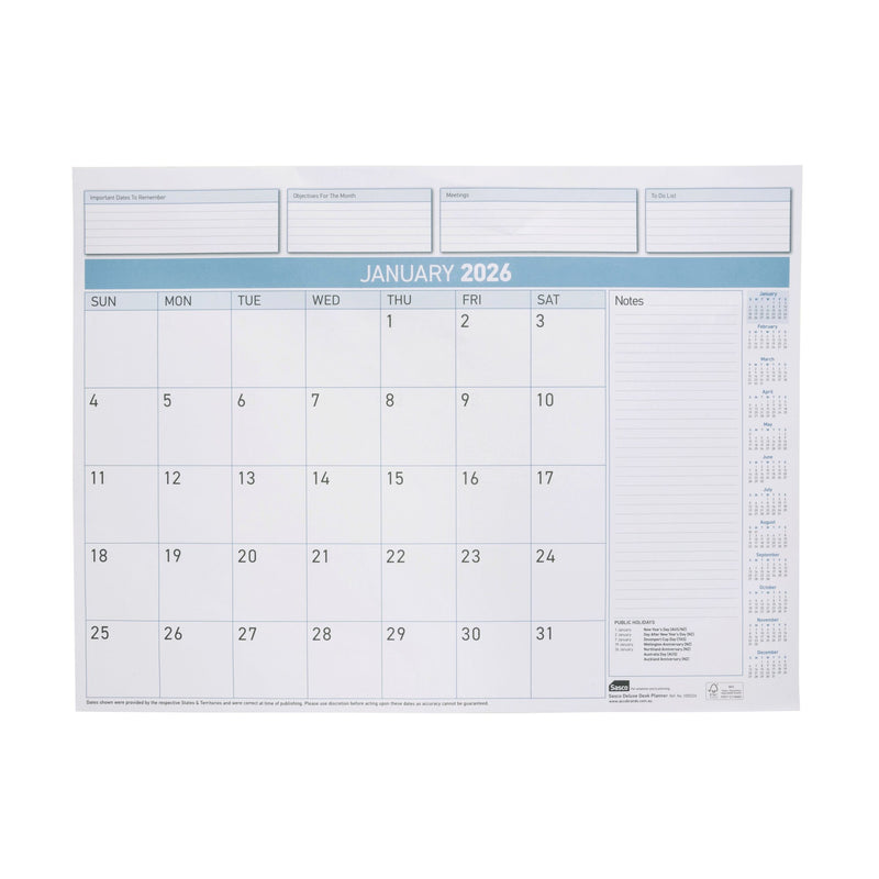 Sasco 2027 Deluxe Desk Planner Refill 519 x 387mm Pack of 12 shown with its retail packaging and the product information panel visible.