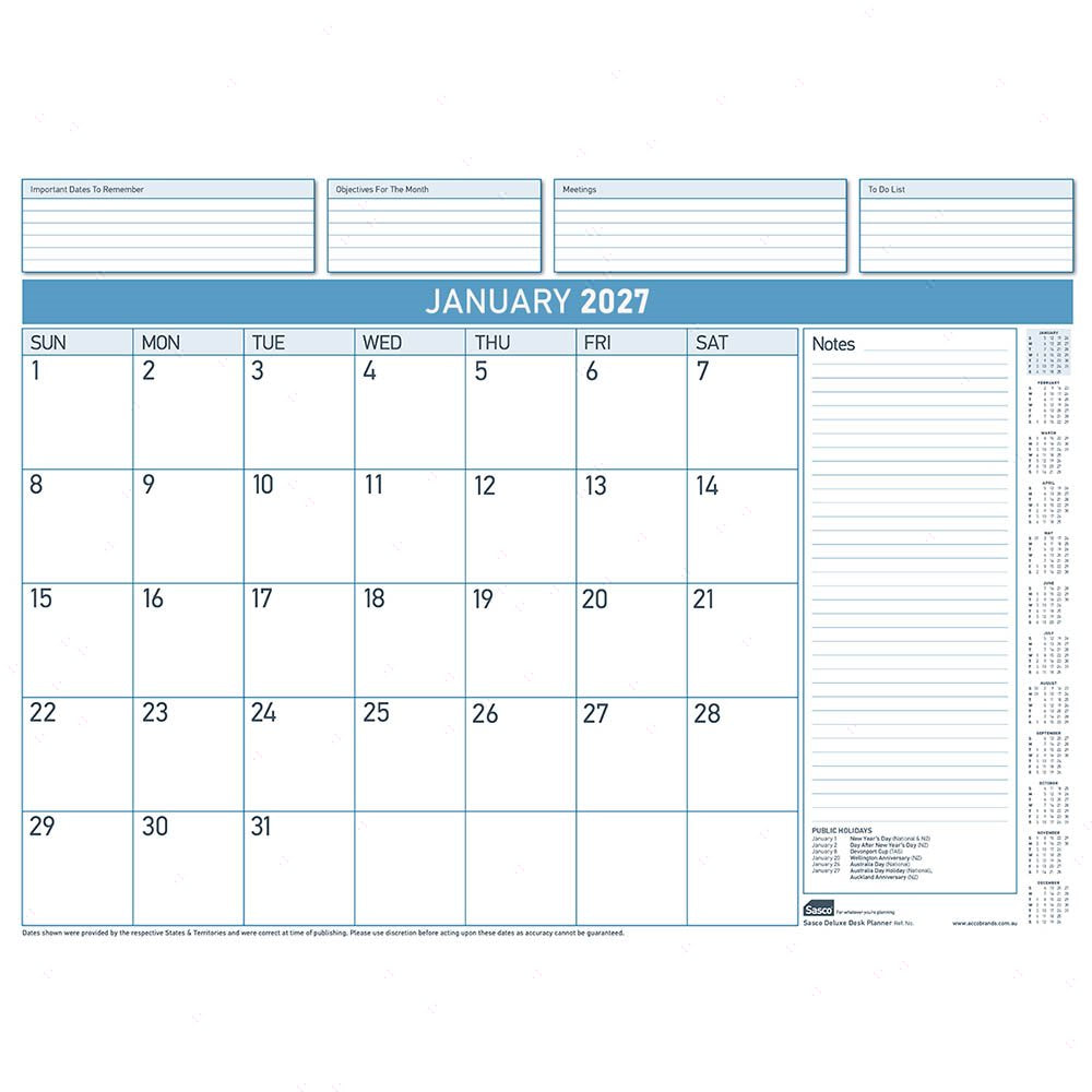 Sasco 2027 Deluxe Desk Planner Refill 519 x 387mm Pack of 12 shown front on, the tear off refill sheets, photographed flat against a plain background.