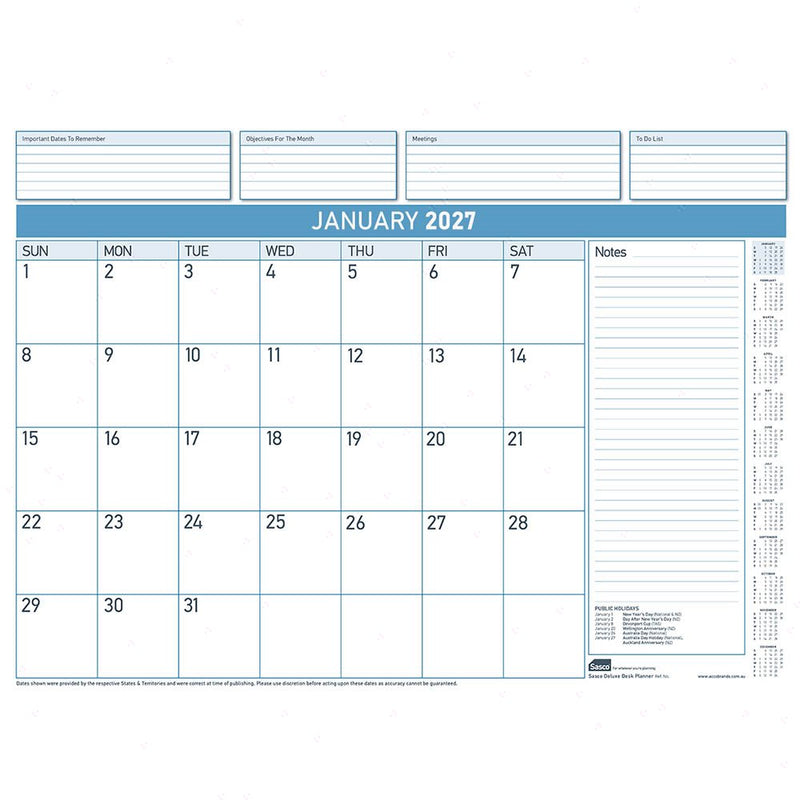 Sasco 2027 Deluxe Desk Planner Refill 519 x 387mm Pack of 12 shown front on, the tear off refill sheets, photographed flat against a plain background.