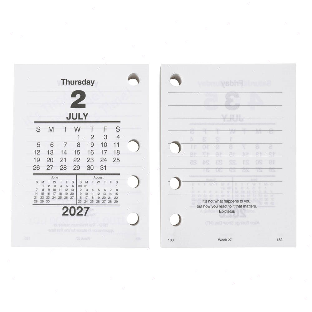 Sasco 2027 Desk Calendar Refill Side Opening 102 x 76mm opened to show the printed monthly grid and the dated planning layout inside.