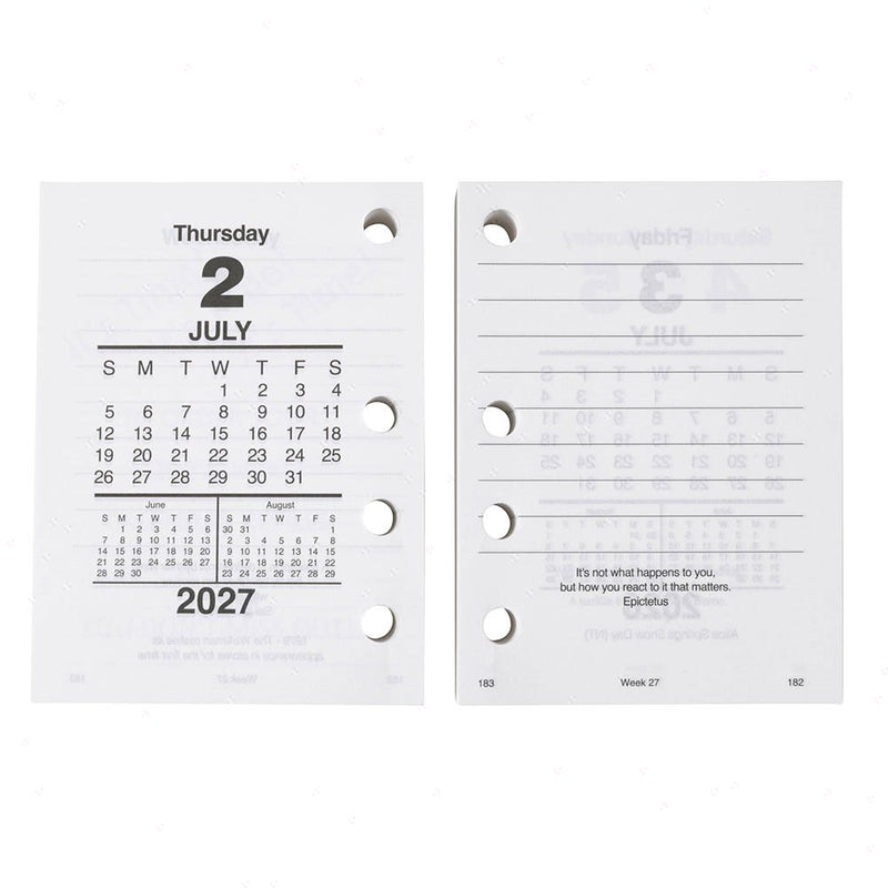 Sasco 2027 Desk Calendar Refill Side Opening 102 x 76mm opened to show the printed monthly grid and the dated planning layout inside.