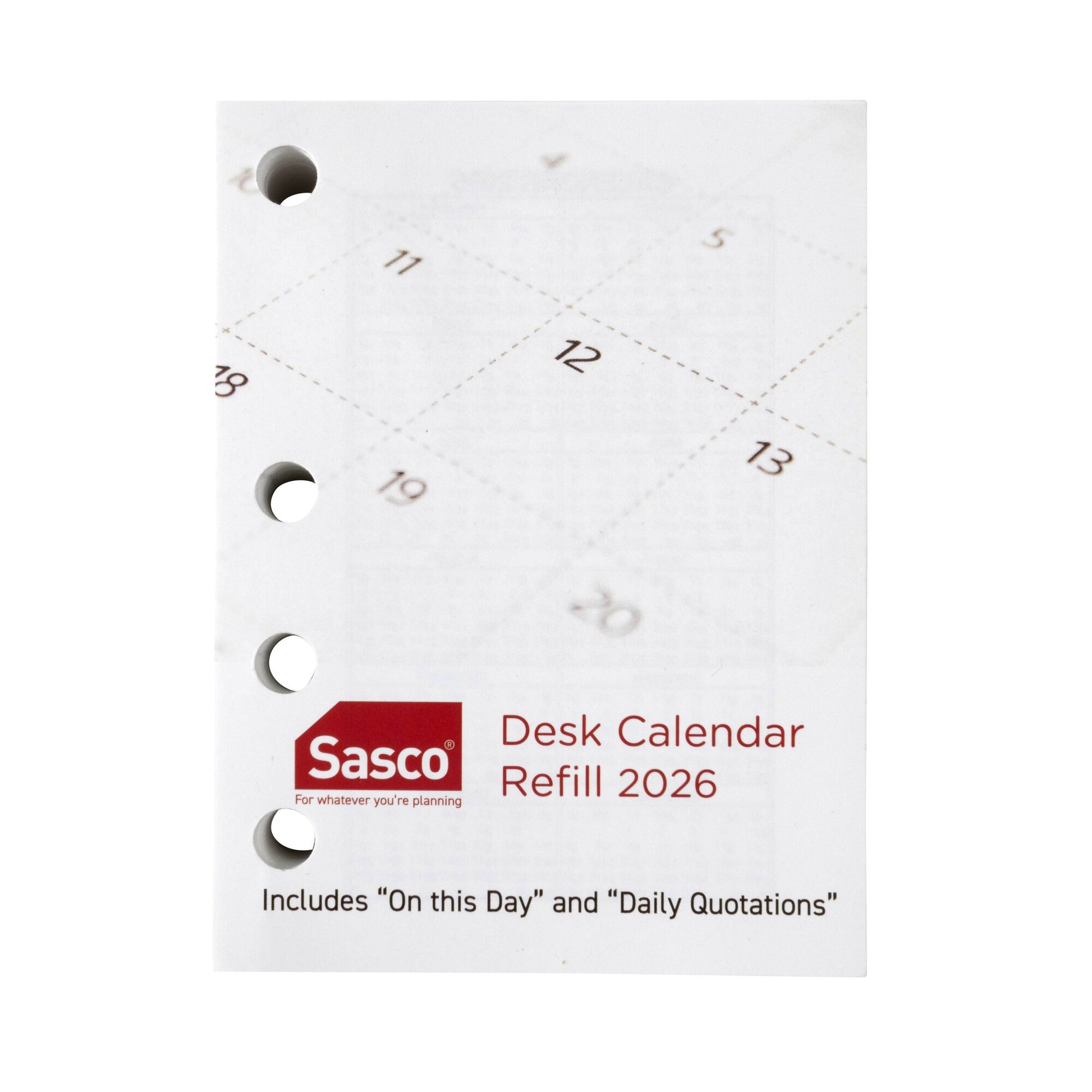 Sasco 2027 Desk Calendar Refill Side Opening 102 x 76mm shown with its retail packaging and the product information panel visible.