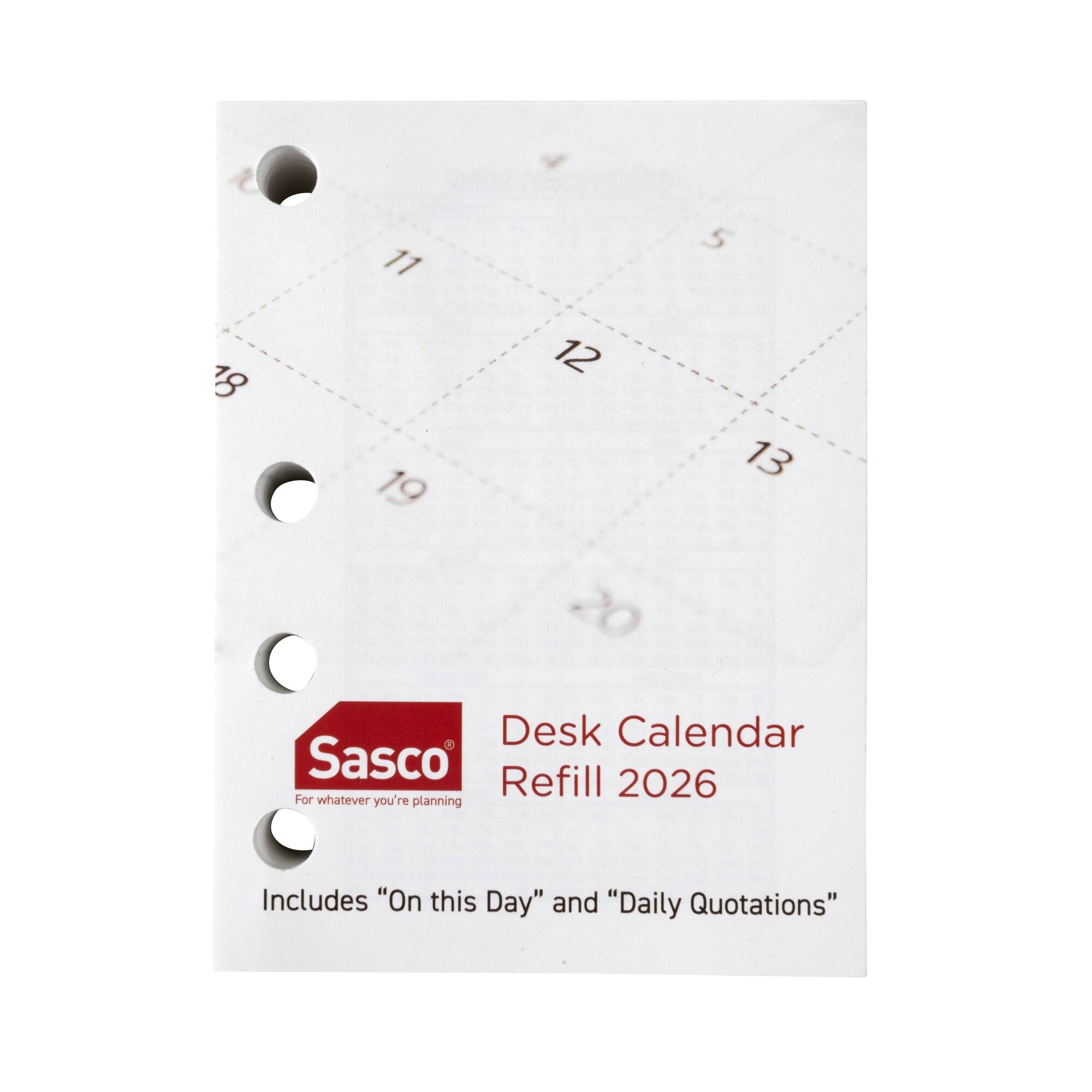 Sasco 2027 Desk Calendar Refill Side Opening 102 x 76mm shown with its retail packaging and the product information panel visible.