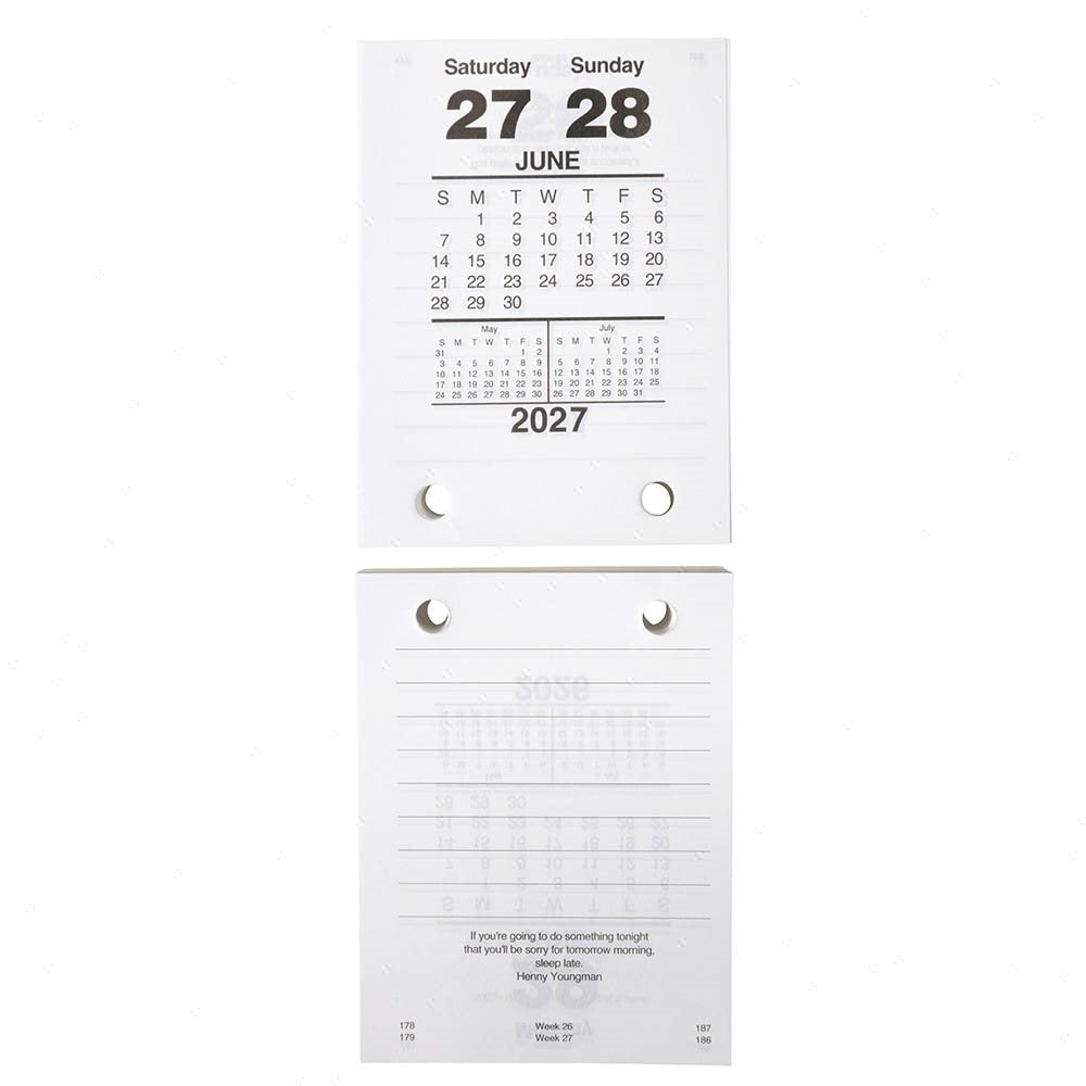 Sasco 2027 Desk Calendar Refill Top Opening 102 x 75mm opened to show the printed monthly grid and the dated planning layout inside.