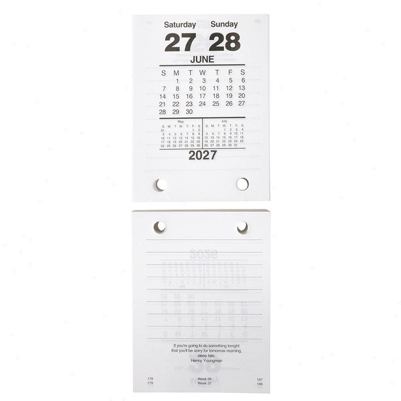 Sasco 2027 Desk Calendar Refill Top Opening 102 x 75mm opened to show the printed monthly grid and the dated planning layout inside.