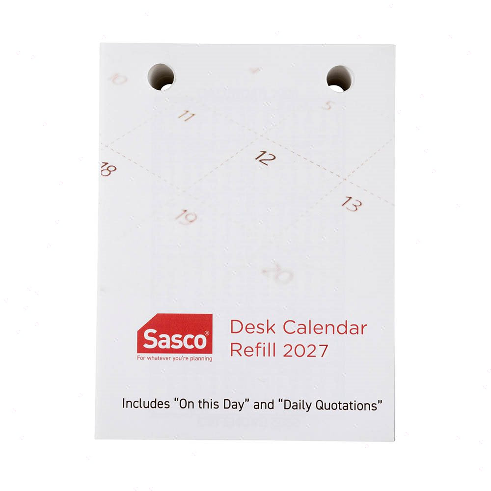 Sasco 2027 Desk Calendar Refill Top Opening 102 x 75mm shown front on, the tear off refill sheets, photographed flat against a plain background.