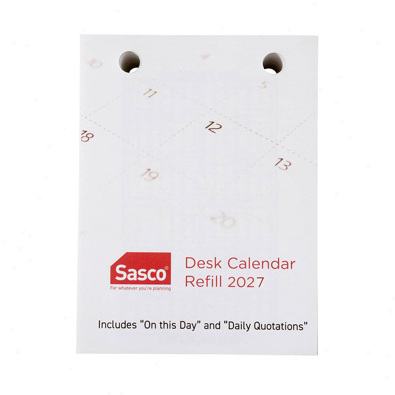 Sasco 2027 Desk Calendar Refill Top Opening 102 x 75mm shown front on, the tear off refill sheets, photographed flat against a plain background.