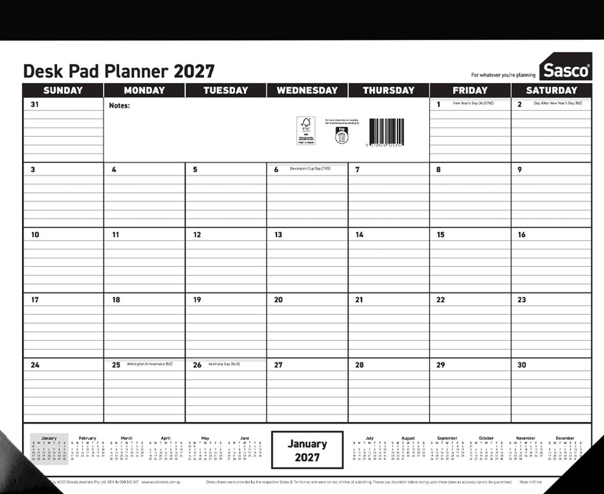 Sasco 2027 Desk Pad Year Planner 430 x 555mm shown front on, the full year to view grid, photographed flat against a plain background.