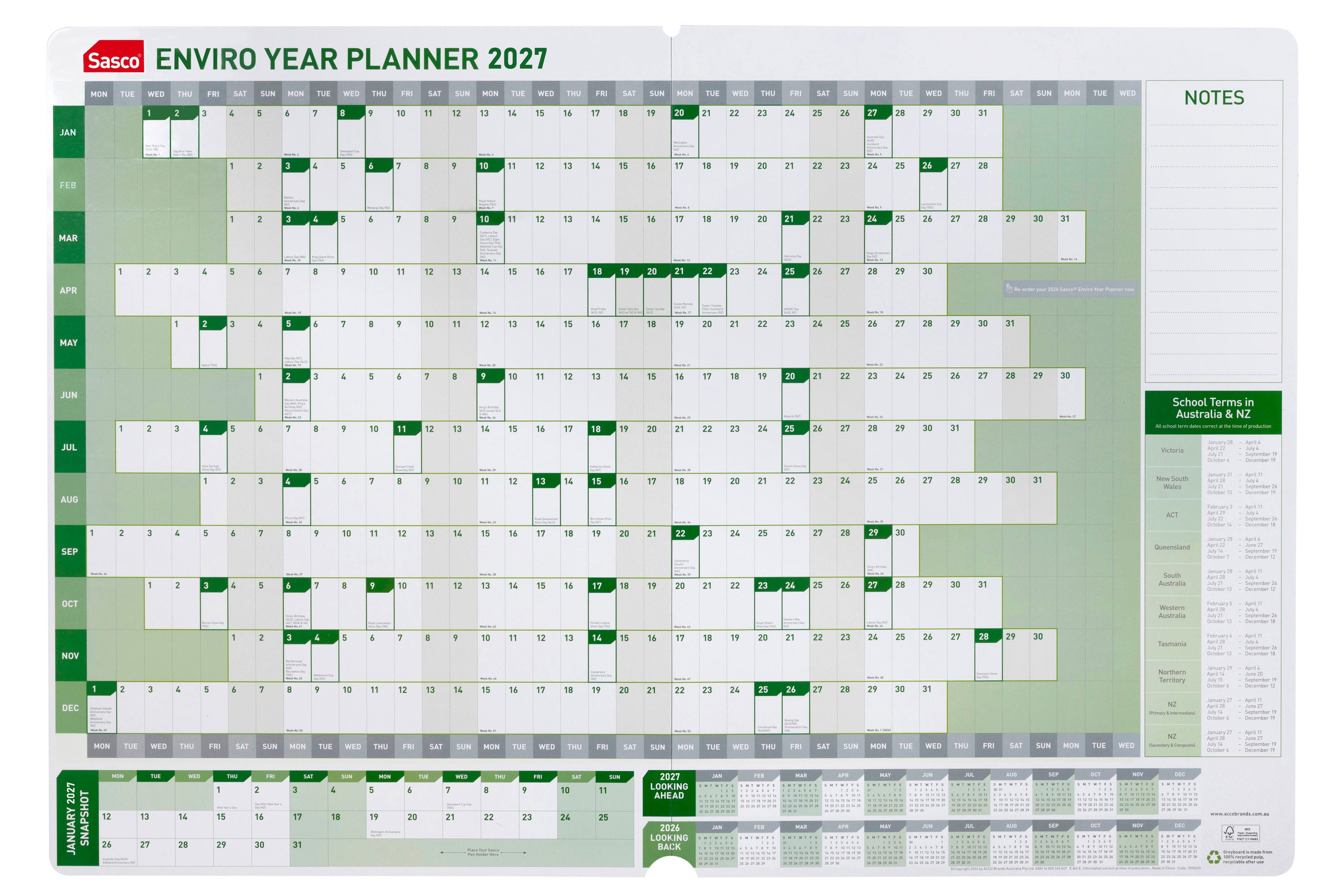 Sasco 2027 Enviro Year Planner 610 x 870mm shown front on, the full year to view grid, photographed flat against a plain background.