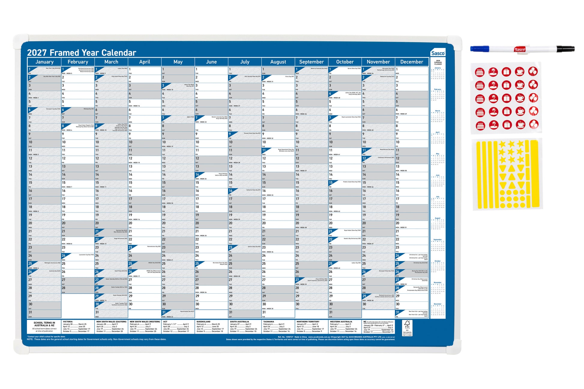 Sasco 2027 Framed Wall Planner 500 x 700mm shown front on, the framed 2027 year calendar with its pen and sticker kit, photographed flat against a plain background.