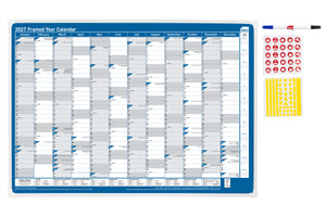 Sasco 2027 Framed Wall Planner 500 x 700mm shown front on, the framed 2027 year calendar with its pen and sticker kit, photographed flat against a plain background.
