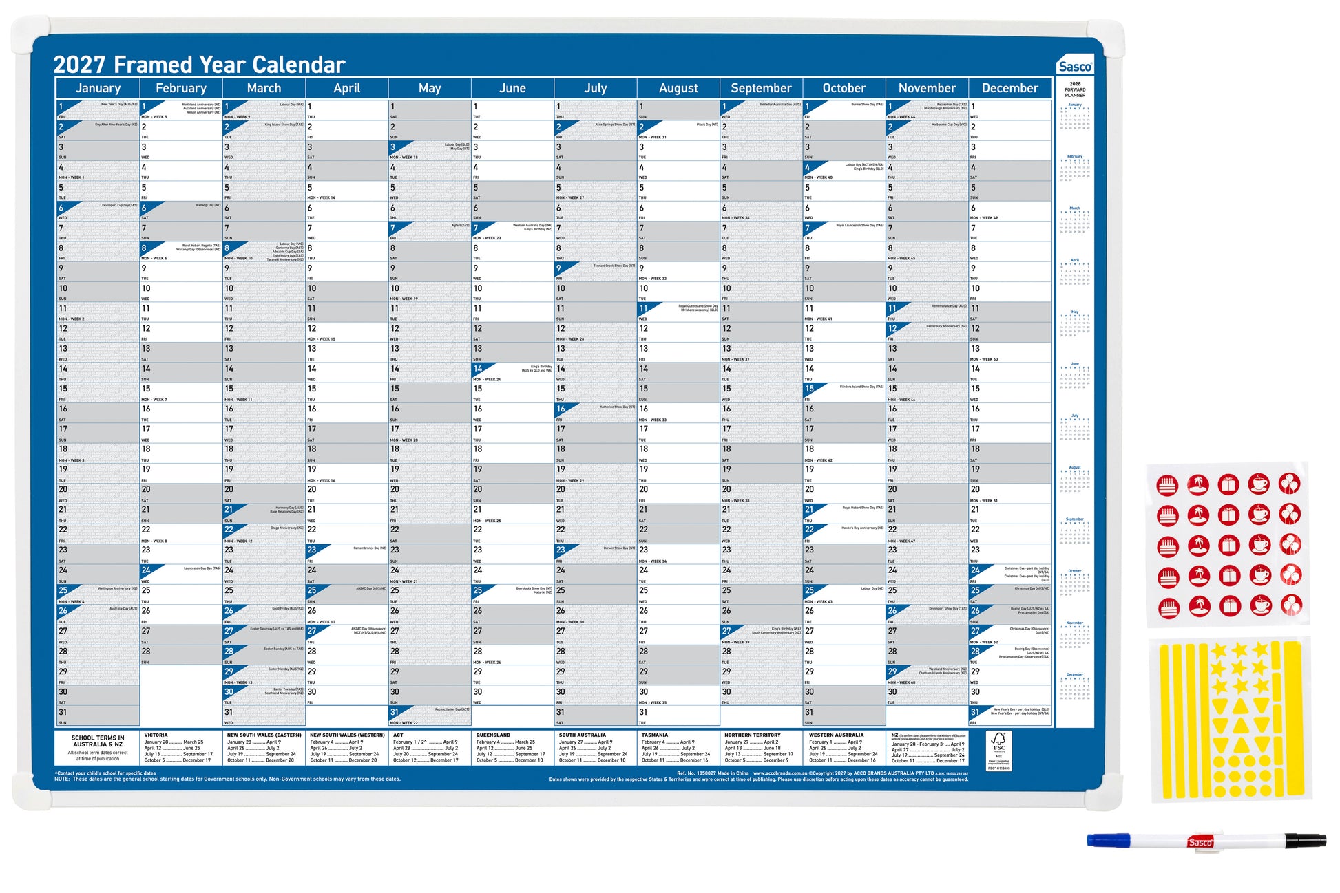 Sasco 2027 Framed Wall Planner 700 x 1000mm shown front on, the framed 2027 year calendar with its pen and sticker kit, photographed flat against a plain background.