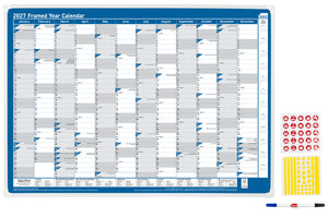 Sasco 2027 Framed Wall Planner 700 x 1000mm shown front on, the framed 2027 year calendar with its pen and sticker kit, photographed flat against a plain background.