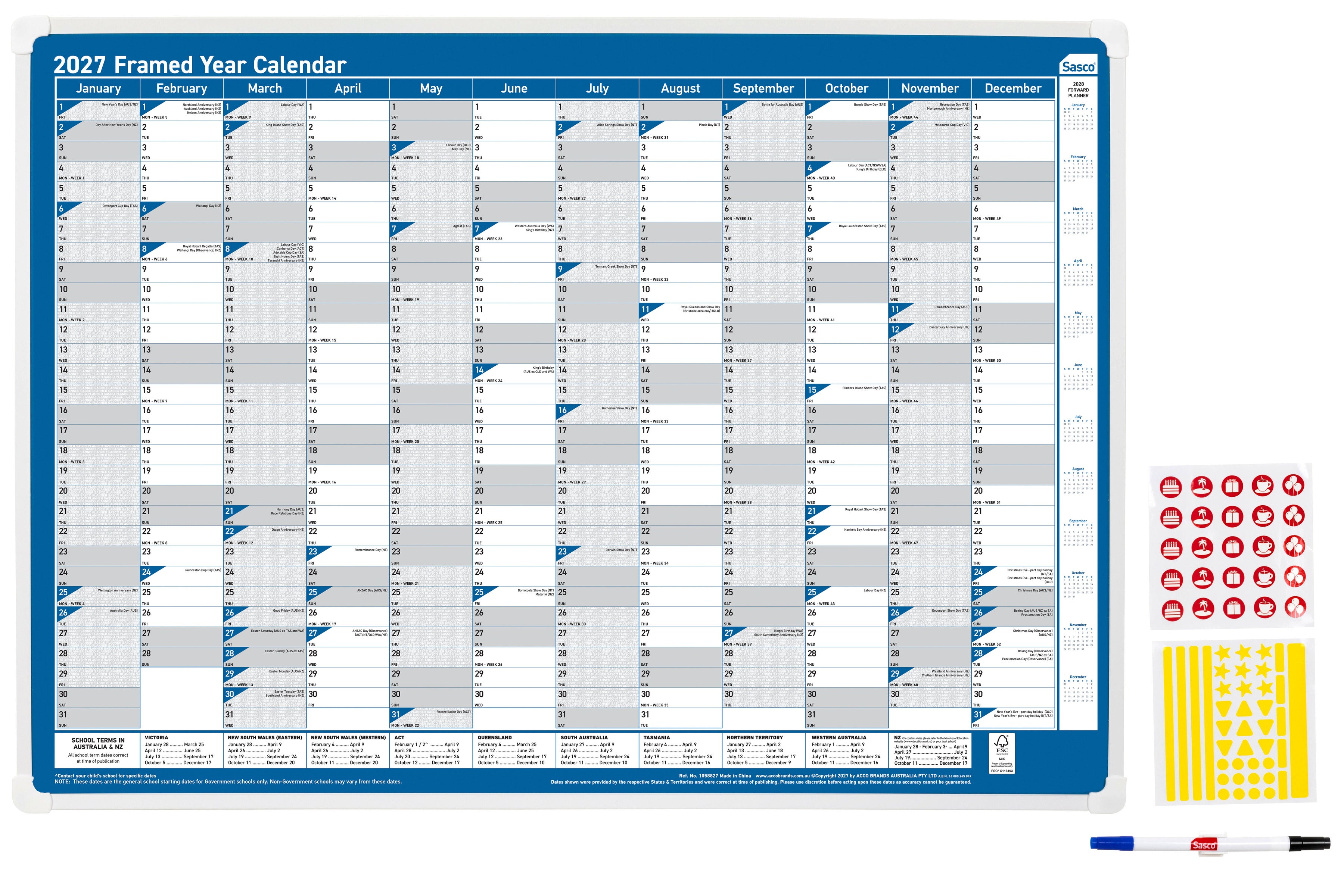 Sasco 2027 Framed Wall Planner 700 x 1000mm shown front on, the framed 2027 year calendar with its pen and sticker kit, photographed flat against a plain background.