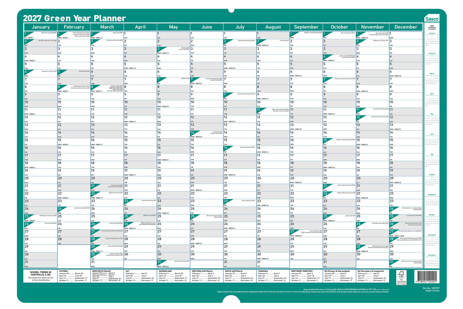Sasco 2027 Green Wall Planner 500 x 700mm shown front on, the full year to view grid, photographed flat against a plain background.
