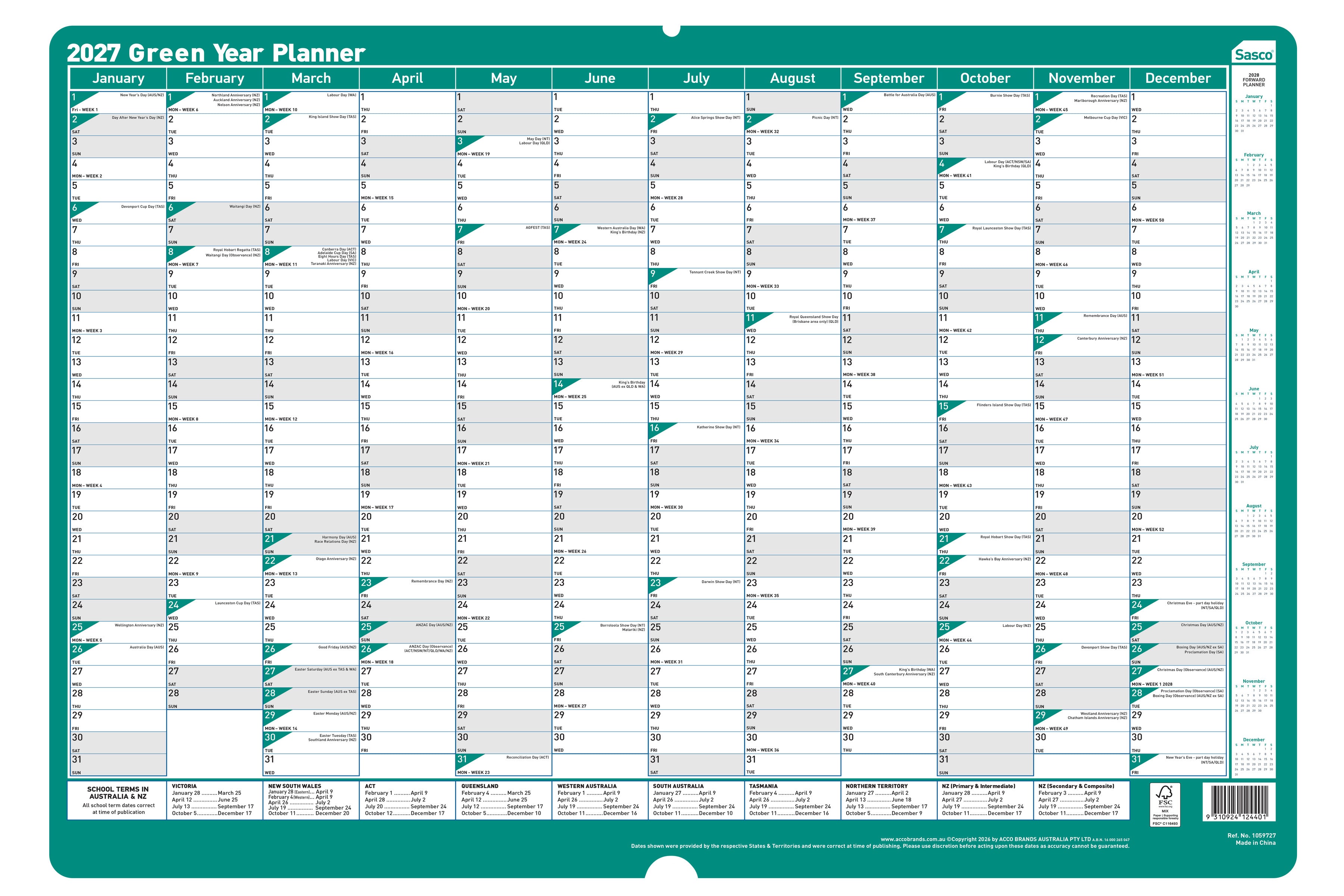 Sasco 2027 Green Wall Planner 500 x 700mm shown front on, the full year to view grid, photographed flat against a plain background.