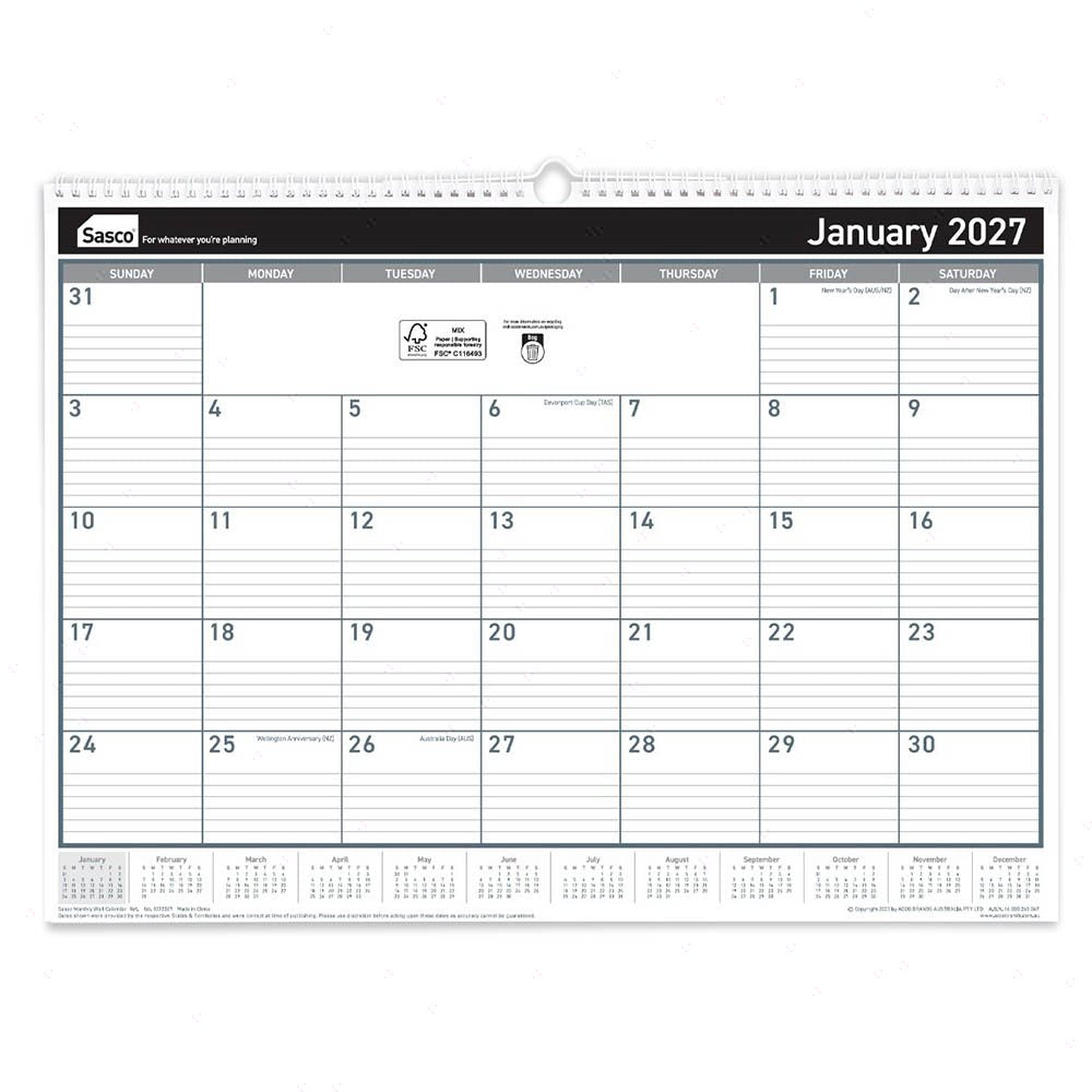 Sasco 2027 Monthly Wall Calendar 530 x 395mm opened to show the printed monthly grid and the dated planning layout inside.