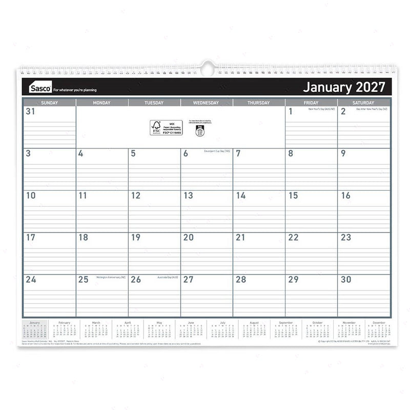 Sasco 2027 Monthly Wall Calendar 530 x 395mm opened to show the printed monthly grid and the dated planning layout inside.