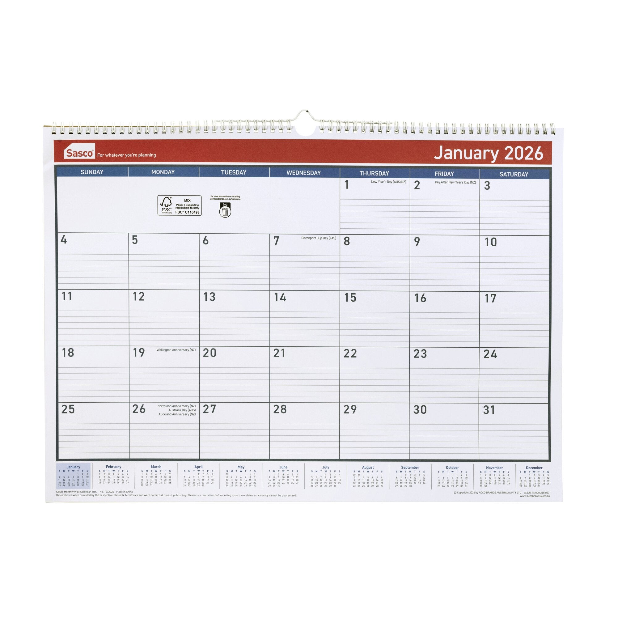 Sasco 2027 Monthly Wall Calendar 530 x 395mm shown with its retail packaging and the product information panel visible.