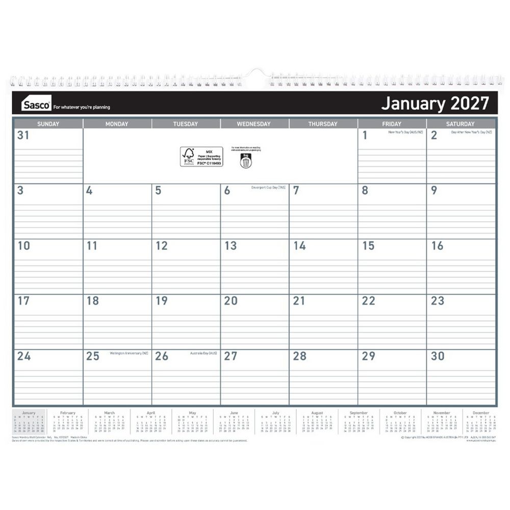 Sasco 2027 Monthly Wall Calendar 530 x 395mm shown front on, the printed 2027 planning grid, photographed flat against a plain background.