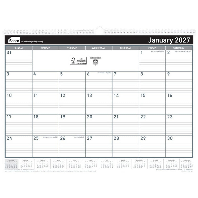 Sasco 2027 Monthly Wall Calendar 530 x 395mm shown front on, the printed 2027 planning grid, photographed flat against a plain background.
