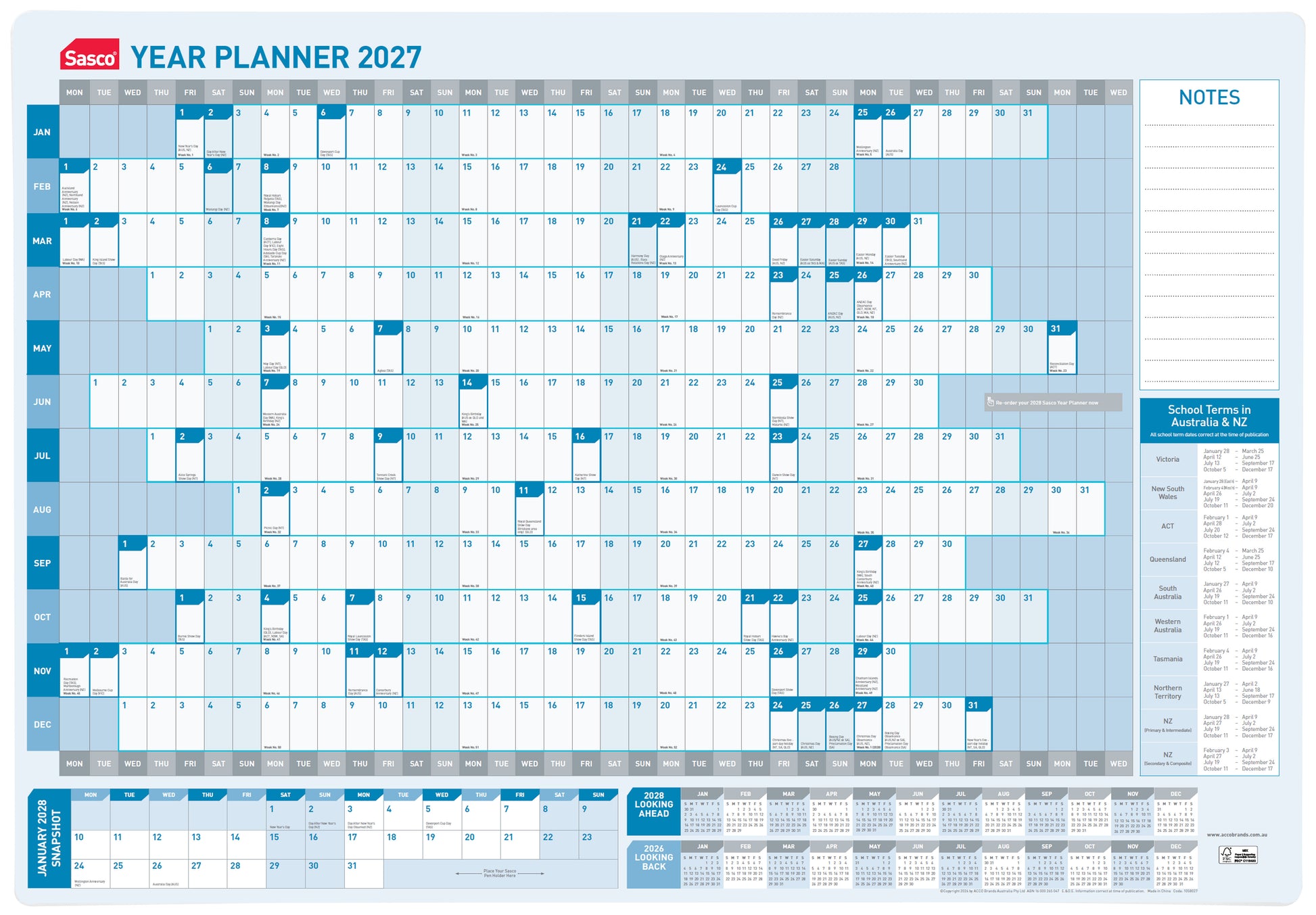 Sasco 2027 Standard Year Planner 610 x 870mm shown front on, the full year to view grid, photographed flat against a plain background.