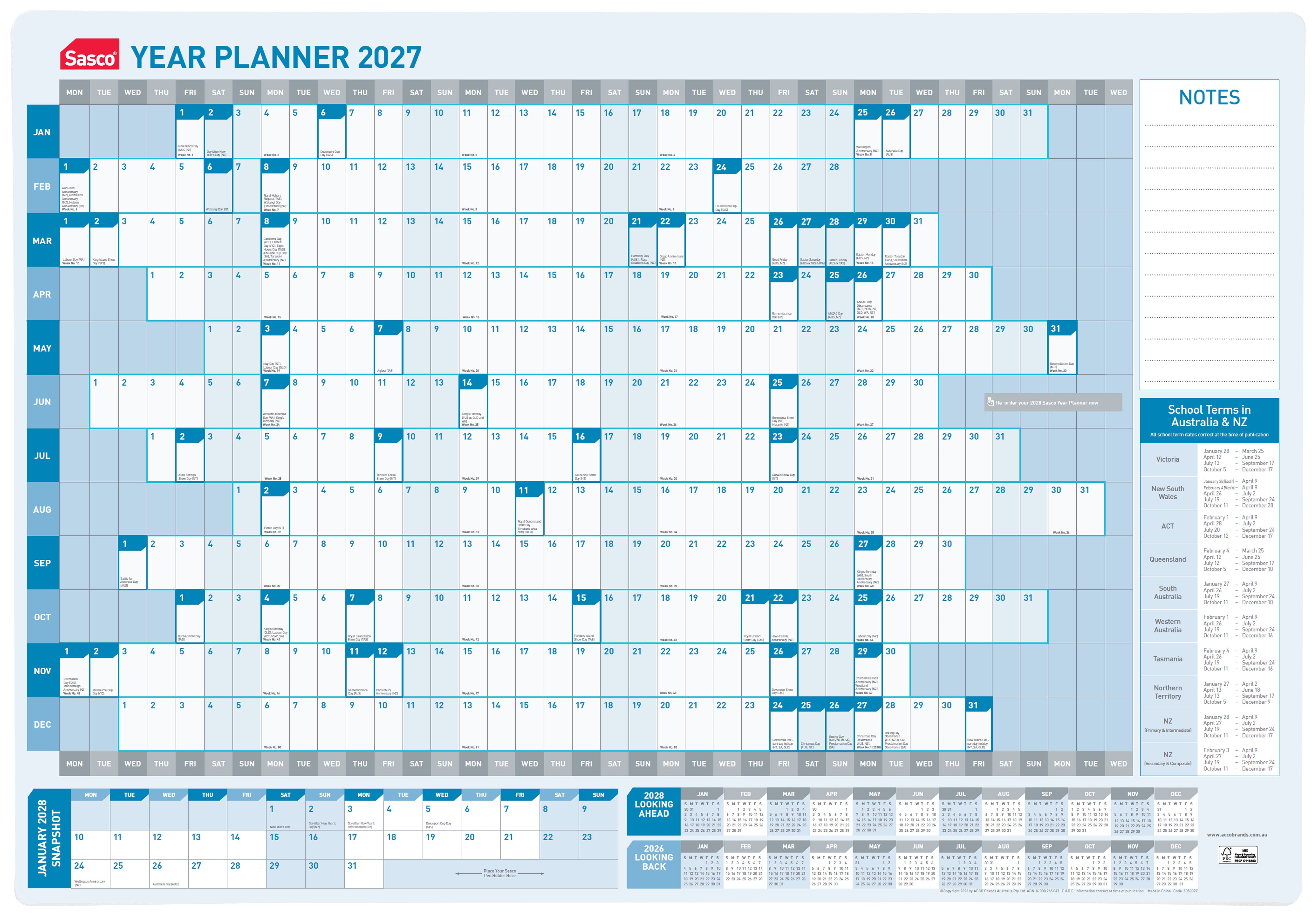 Sasco 2027 Standard Year Planner 610 x 870mm shown front on, the full year to view grid, photographed flat against a plain background.