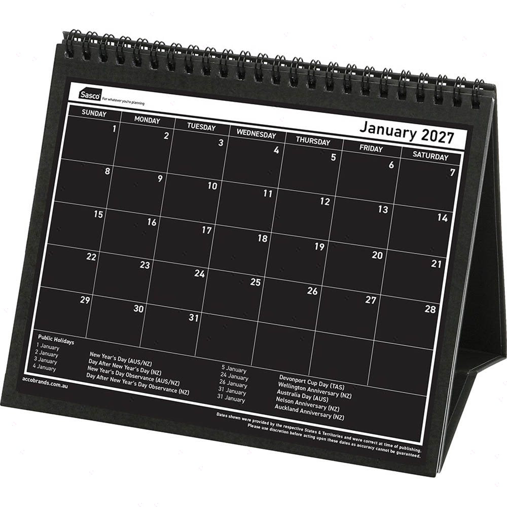 Sasco 2027 Tri-Fold Desk Calendar 210 x 180mm opened to show the printed monthly grid and the dated planning layout inside.