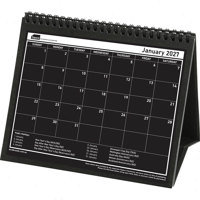 Sasco 2027 Tri-Fold Desk Calendar 210 x 180mm opened to show the printed monthly grid and the dated planning layout inside.