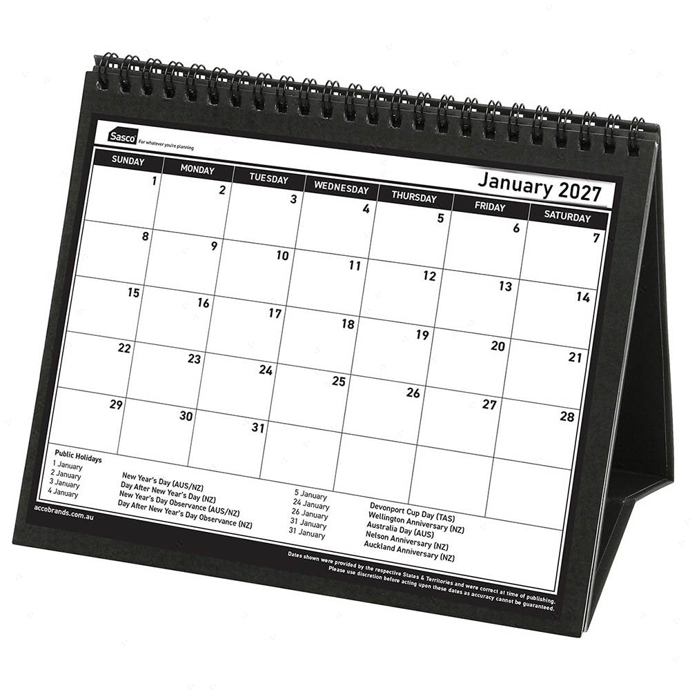 Sasco 2027 Tri-Fold Desk Calendar 210 x 180mm shown with its retail packaging and the product information panel visible.