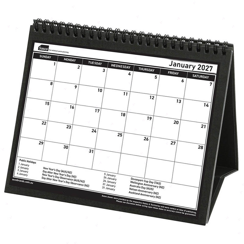 Sasco 2027 Tri-Fold Desk Calendar 210 x 180mm shown with its retail packaging and the product information panel visible.