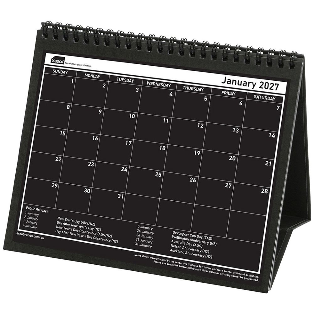 Sasco 2027 Tri-Fold Desk Calendar 210 x 180mm shown front on, the printed 2027 planning grid, photographed flat against a plain background.