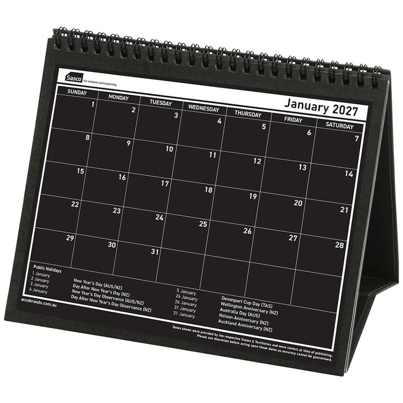 Sasco 2027 Tri-Fold Desk Calendar 210 x 180mm shown front on, the printed 2027 planning grid, photographed flat against a plain background.