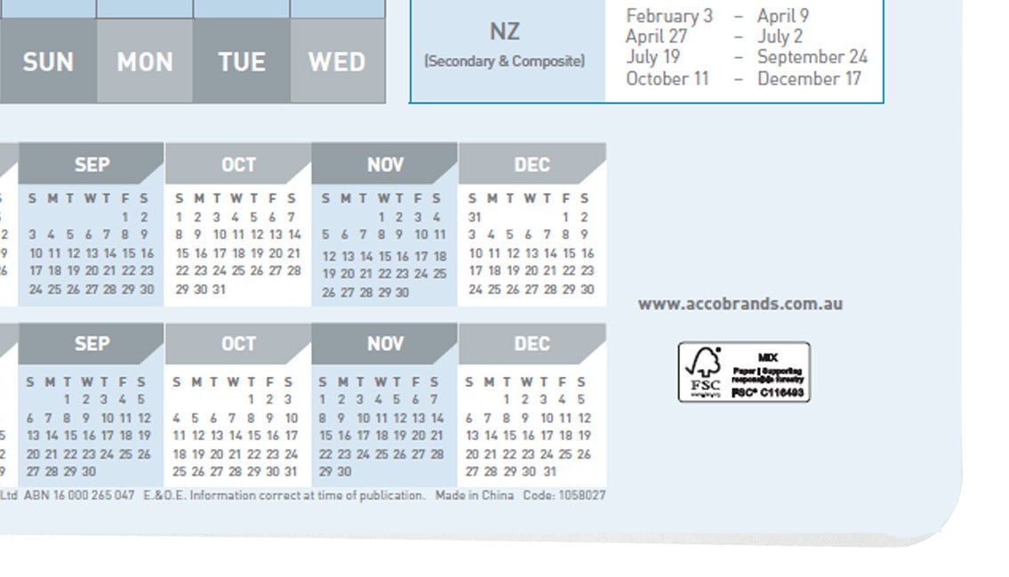 Close view of the bottom right corner of the Sasco 2027 planner showing the FSC® Mix mark with licence FSC® C116493, the accobrands.com.au address and the printed line reading Made in China, Code 1058027.
