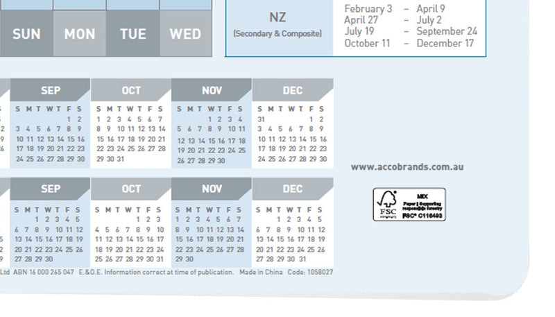 Close view of the bottom right corner of the Sasco 2027 planner showing the FSC® Mix mark with licence FSC® C116493, the accobrands.com.au address and the printed line reading Made in China, Code 1058027.